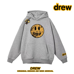 Drew Distressed Cracked Smiley Face Heavy Fleece Lined Hoodie, Heather Gray