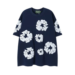 Denim Tears Navy Blue All‑Over Cotton Wreath Print T‑Shirt