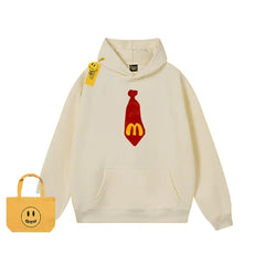 Drew Cartoon Tie Print Fleece Hoodie, Apricot