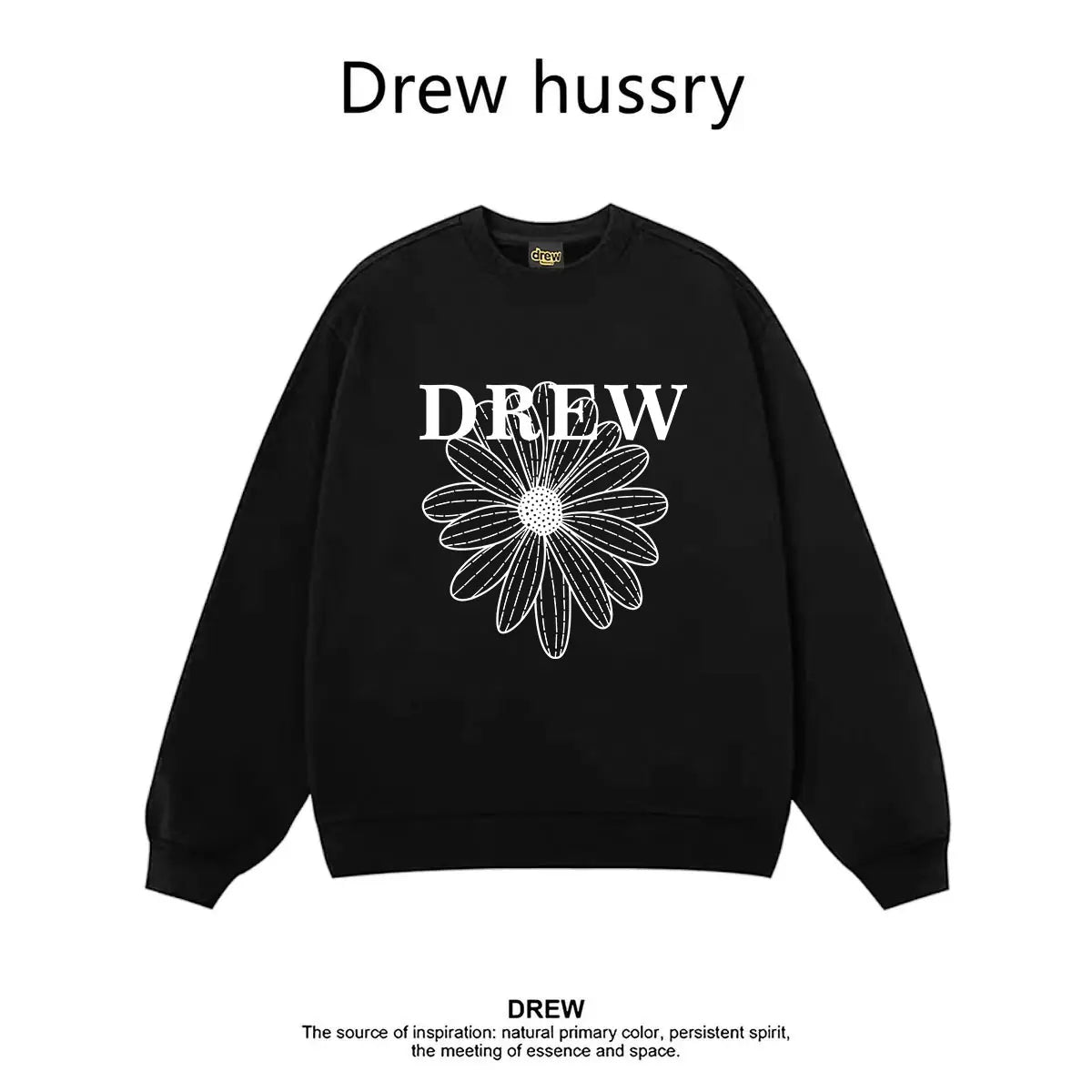 Drew Daisy Print Crewneck Sweatshirt, Unisex Oversized Fit, Black Regular Style