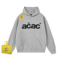 Drew Polka Dot Letter Print Fleece Hoodie, Gray