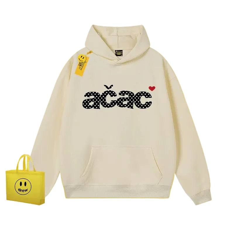 Drew Polka Dot Letter Print Fleece Hoodie, Apricot